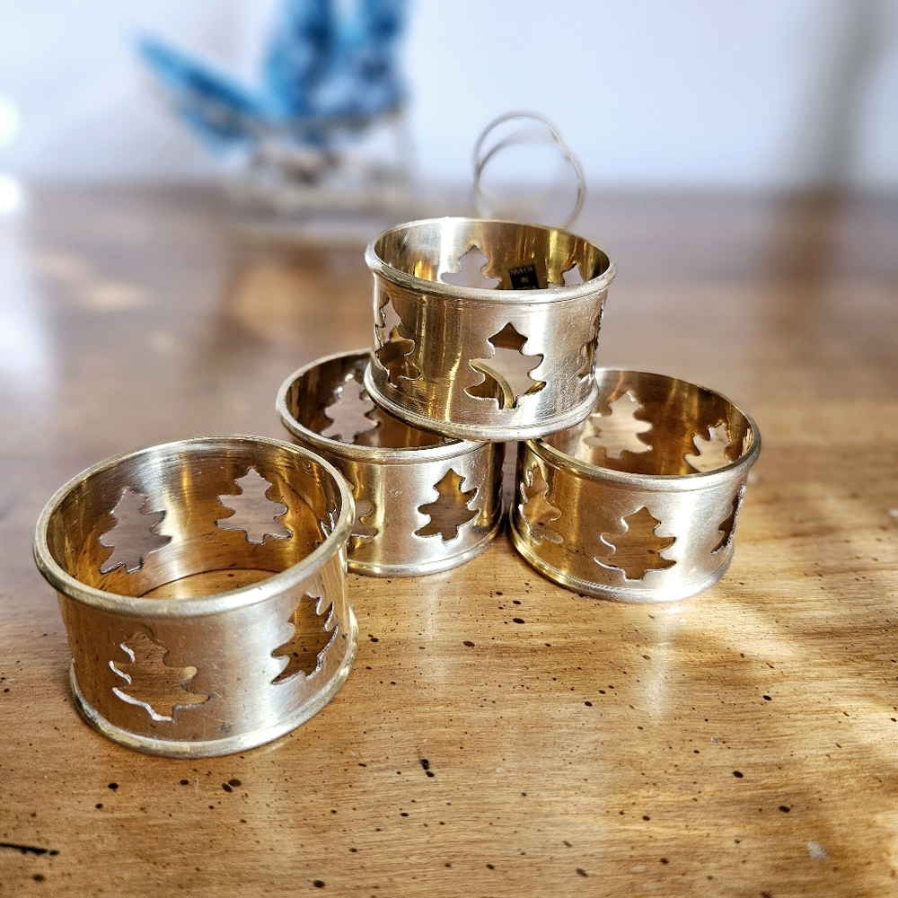 Brass Christmas Tree Cutout Napkin Rings Set of 4 Made in India